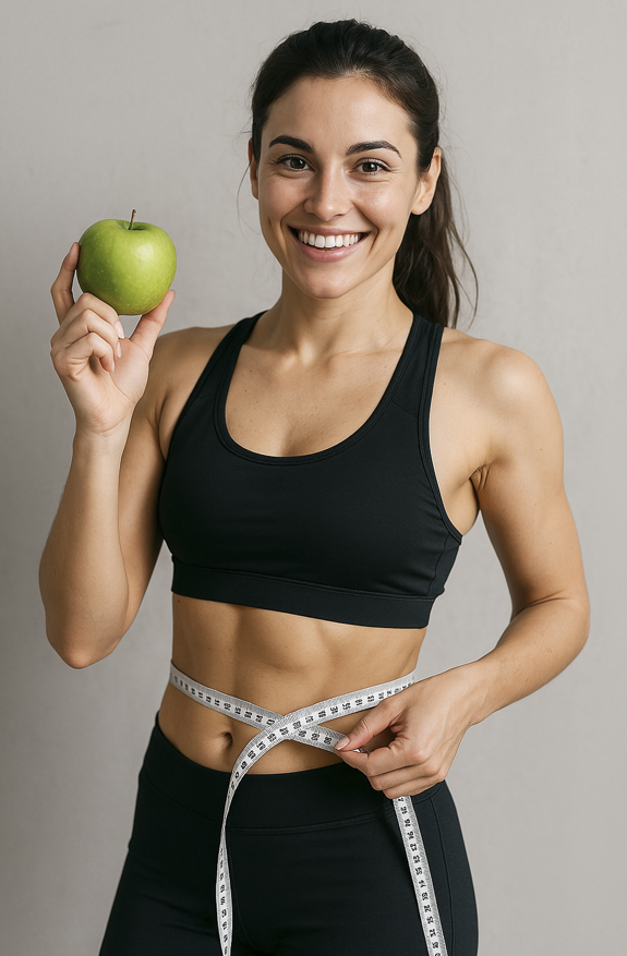 사과를 들고 활짝 웃고있는 운동하는 여자의 모습