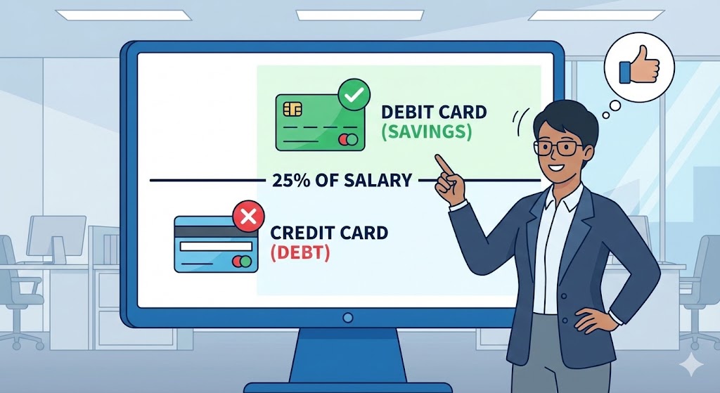 급여의 25% 선을 기준으로 왼쪽은 신용카드, 오른쪽은 체크카드를 들고 있는 스마트한 직장인의 모습