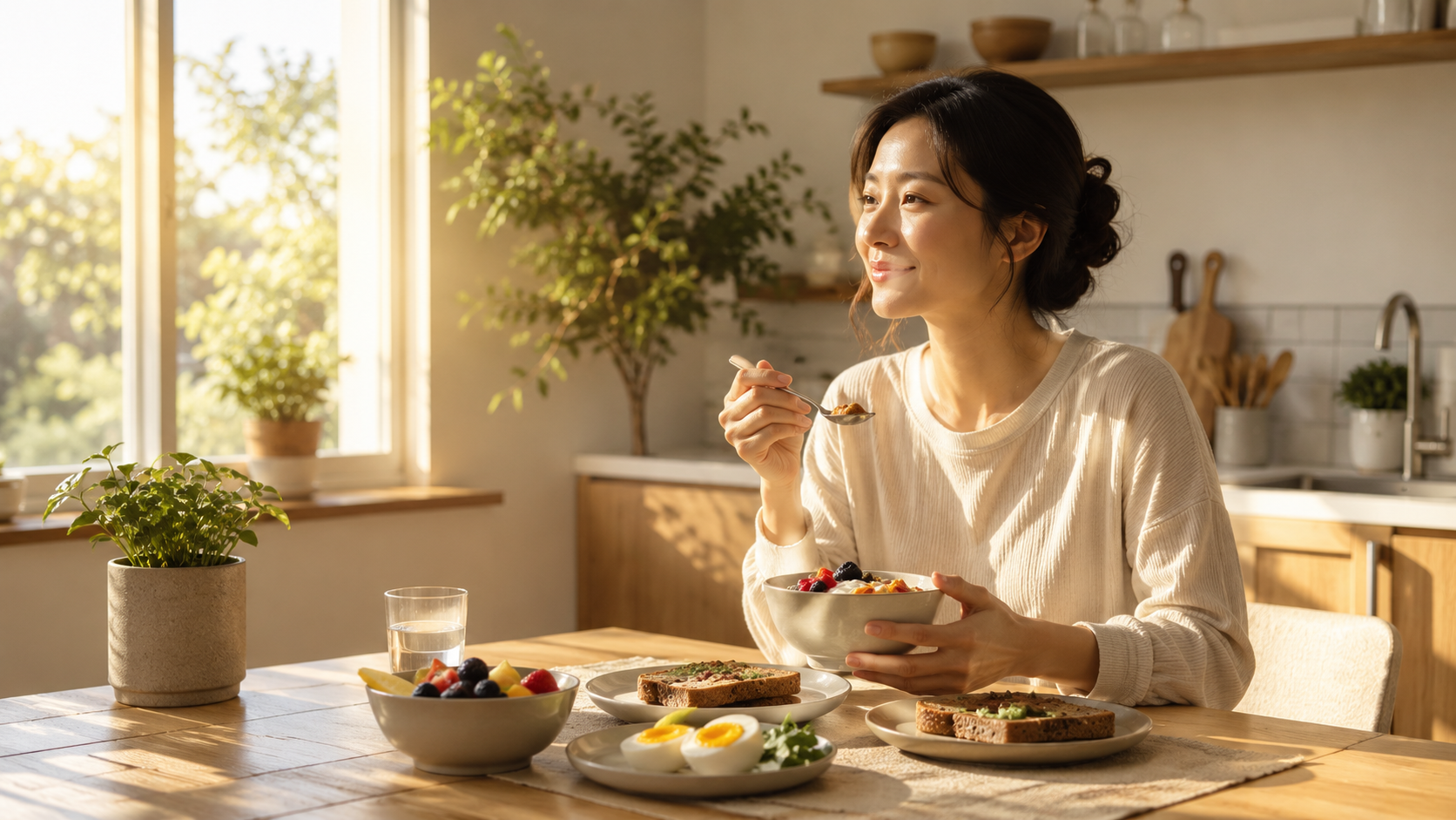 충분한 수면 후 균형 잡힌 아침 식사로 건강한 하루를 시작하는 웰니스 라이프스타일 이미지