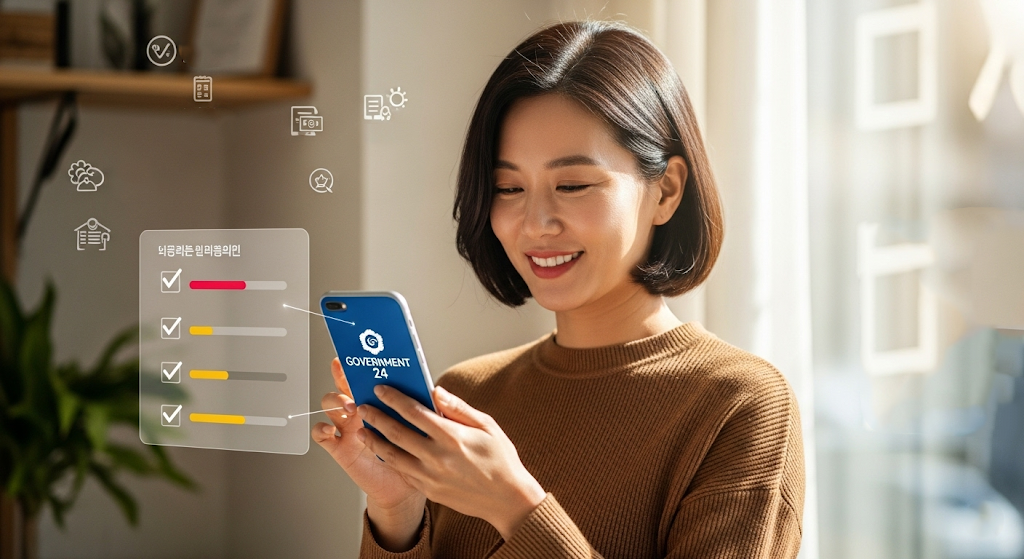 창가에서 스마트폰으로 '정부24' 앱을 사용하는 밝은 표정의 한국 여성