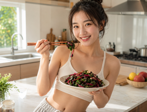 정갈하게 차려진 건강한 비트잎 요리 접시가 들려 있고, 젓가락으로 비트잎 무침 한 점을 집어 맛있게 먹으려는 모습