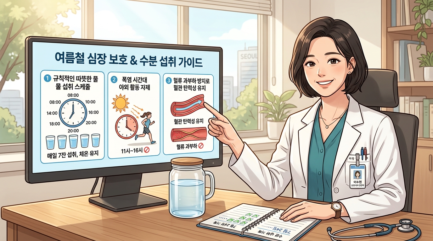 밝고 청결한 대학병원 심장센터 진료실에서 보건 의학 전문가 선생님이 대형 인포그래픽 모니터를 가리키며 한여름 폭염과 탈수 현상이 혈액 점도 상승 및 혈류역학적 과부하에 미치는 부정적 기전을 조목조목 설명하고, 기온 변화가 심장에 주는 충격 방지법 및 여름철 탈수와 고온이 혈압에 미치는 영향 핵심 수칙을 환자에게 다정하게 설명해 주는 2D 일러스트 이미지.