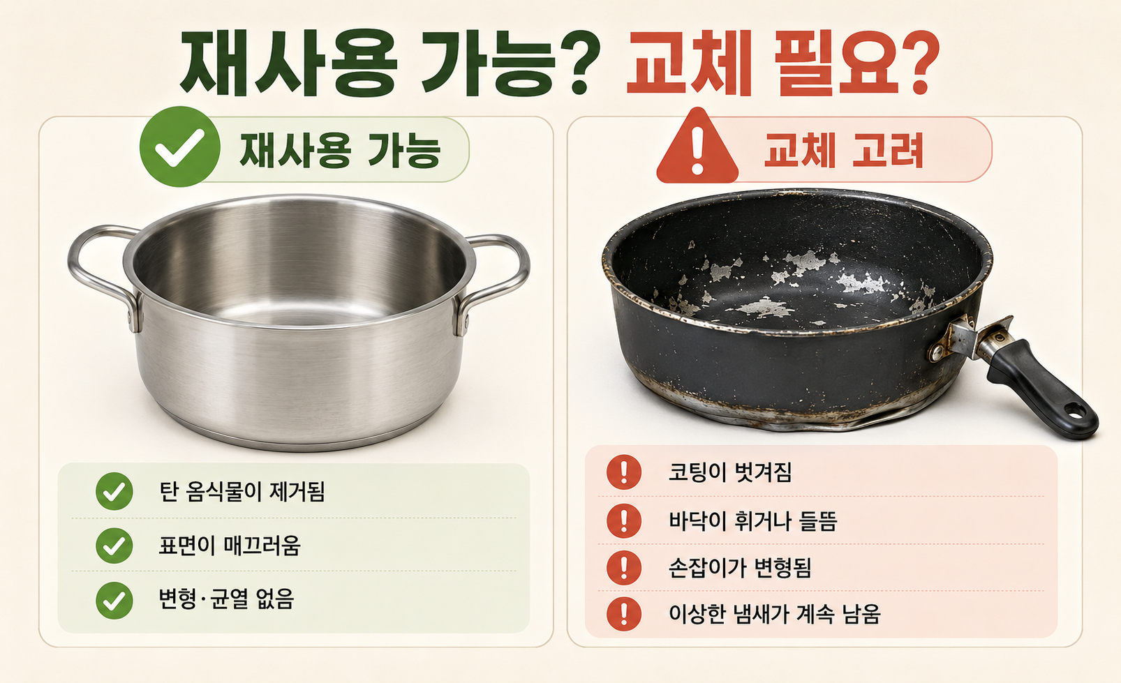 탄 냄비 재사용 가능 상태와 코팅 벗겨짐 바닥 변형 등 교체 기준 비교