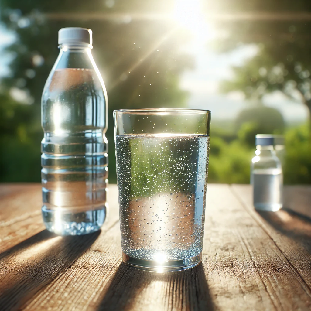 맑은 생수가 들어있는 생수병과 컵