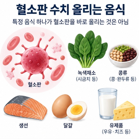 혈소판 수치 올리는 음식과 엽산 비타민 B12가 풍부한 녹색채소 콩류 생선 달걀 유제품을 보여주는 건강 영양 이미지