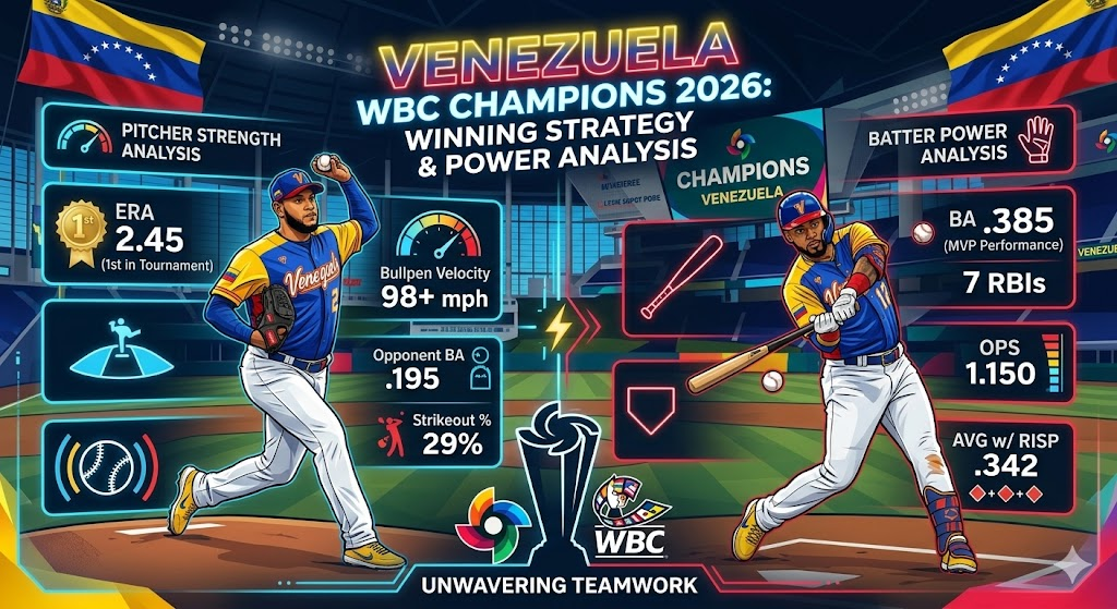 베네수엘라 대표팀의 주요 타격 지표와 투수들의 구속 데이터가 오버레이된 그래픽 이미지. 배경에는 역동적인 투구 폼의 에두아르도 로드리게스와 타격 중인 마이켈 가르시아가 배치됨.