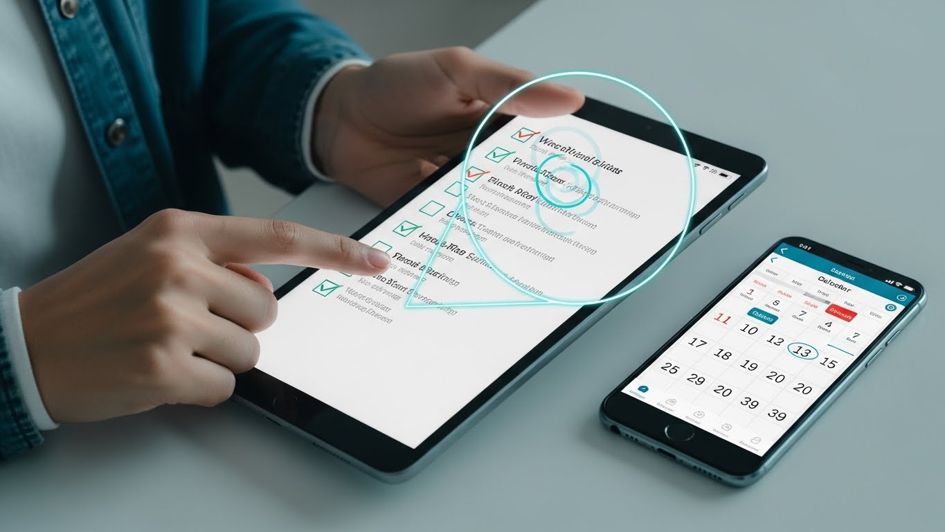 지원금 신청 서류를 꼼꼼히 확인하고 마감일 알람을 설정하는 모습