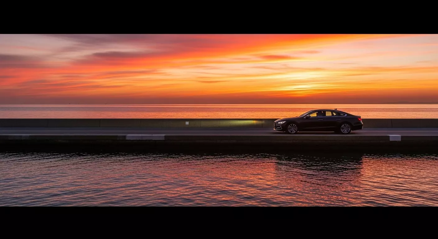 서해 바다 방조제 길에서 드라이브하는 장면