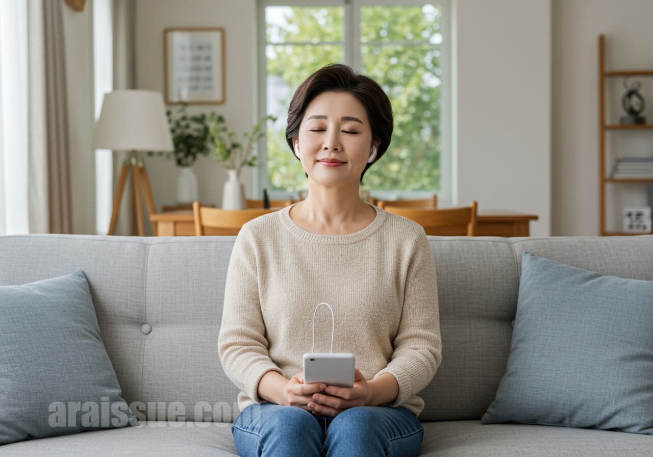 중년 여성이 갱년기 우울증 극복을 위해 마음챙김을 실천하는 모습, 편안한 거실에서 스마트폰을 들고 음악을 들으며 마음을 진정시키는 장면