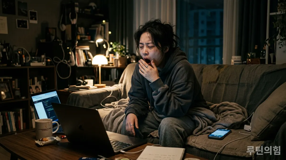 스마트폰과 노트북에 둘러싸여 피곤해 보이는 한국인, 수면 부족의 부정적인 영향을 시사함.