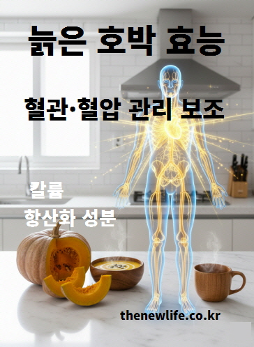 늙은 호박 효능 중 혈관 건강과 혈압 관리 보조에 도움을 주는 칼륨과 항산화 성분을 표현한 이미지