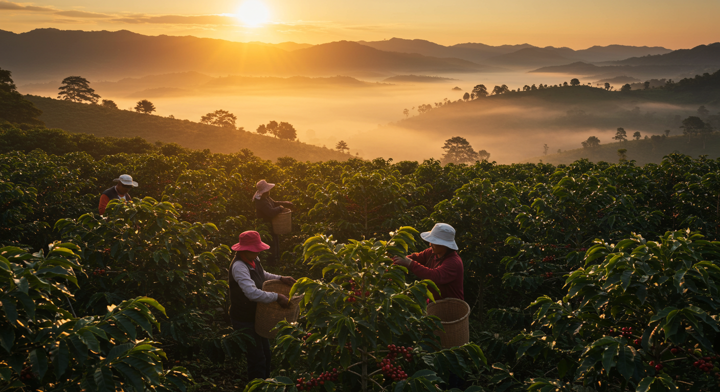 파나마 고산 지대 능선 위 아침 안개 속에서 길쭉한 잎의 게이샤 나무와 손수확 장면