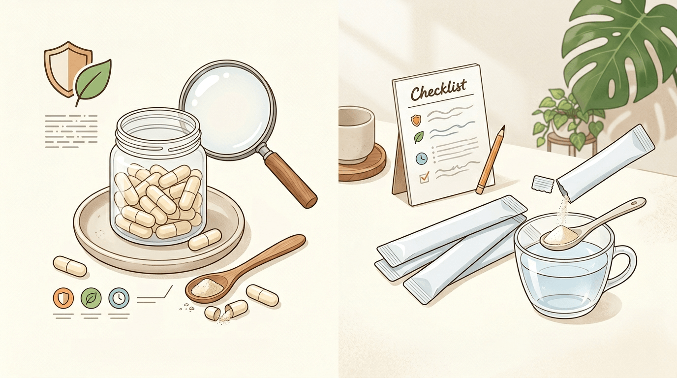 유산균 선택 기준을 보여주는 캡슐과 스틱형 프로바이오틱스 일러스트