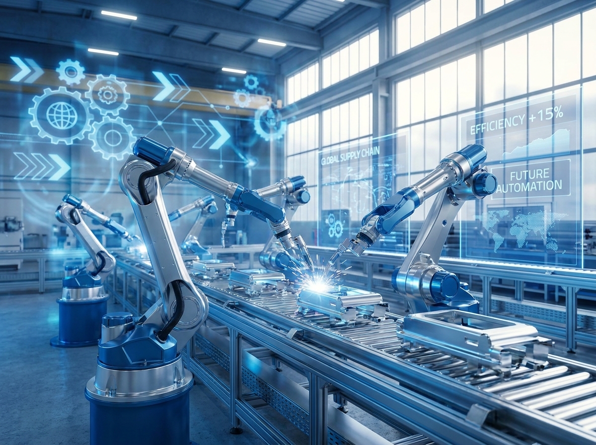 현대적인 공장 자동화 라인에서 활기차게 작동하는 로봇 팔과 반짝이는 금속 부품들, 밝고 희망적인 푸른색 톤의 비즈니스 인포그래픽 배경