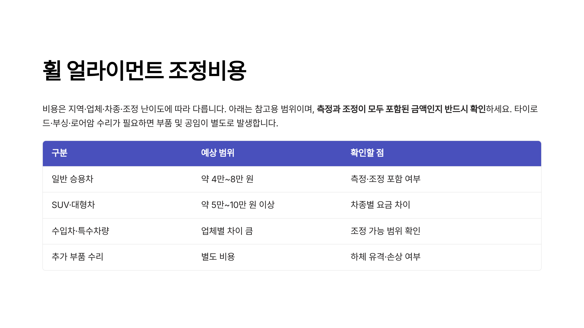 휠 얼라이먼트란 휠 얼라이먼트 조정비용