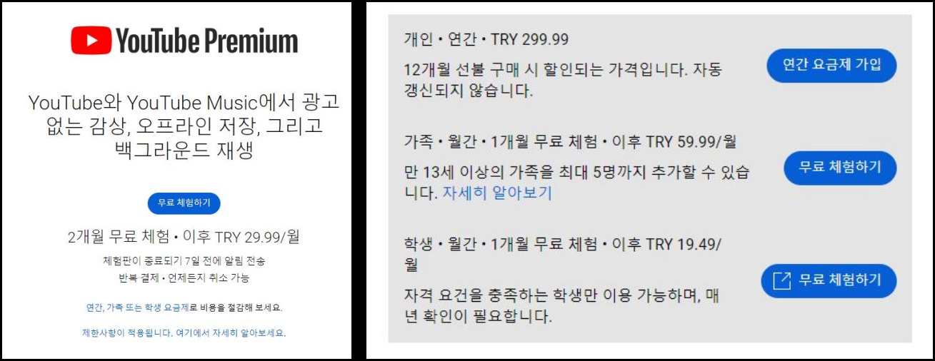 유튜브 프리미엄 터키 가격안내