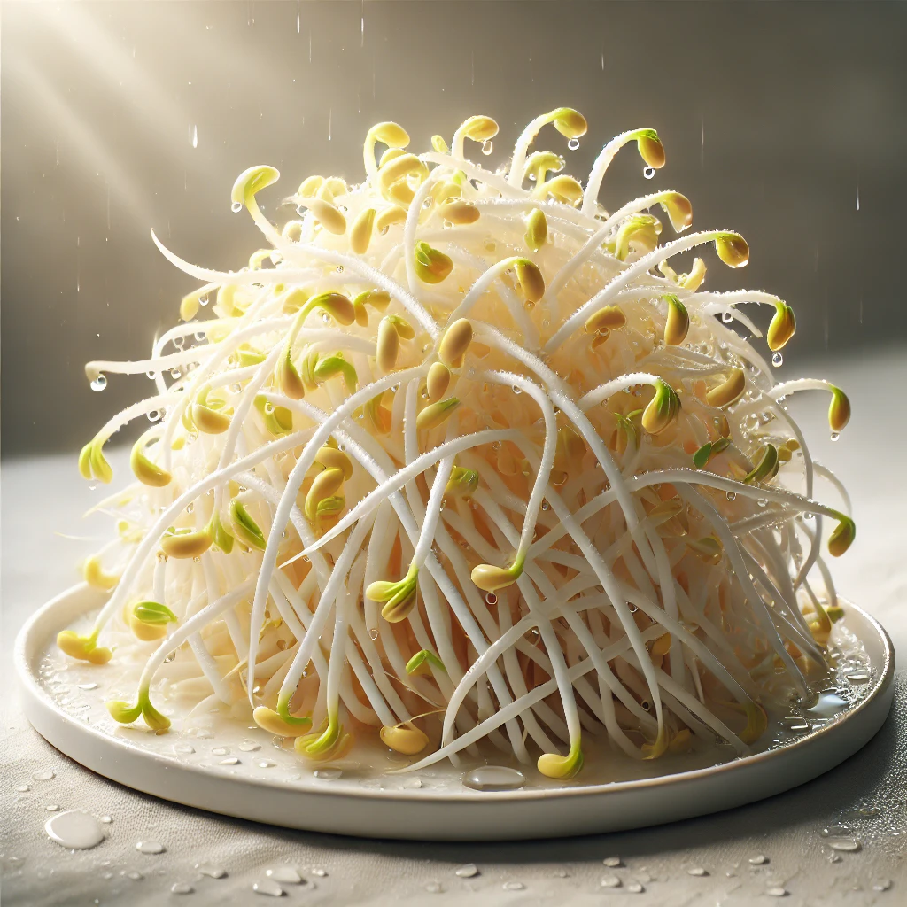 깨끗이 씻은 콩나물을 하얀 접시에 예쁘게 쌓아놓은 이미지.