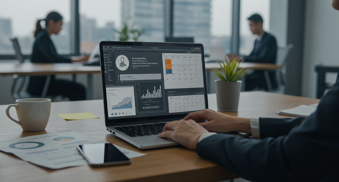 직장인이 책상에 노트북을 열고 업무를 보고 있다