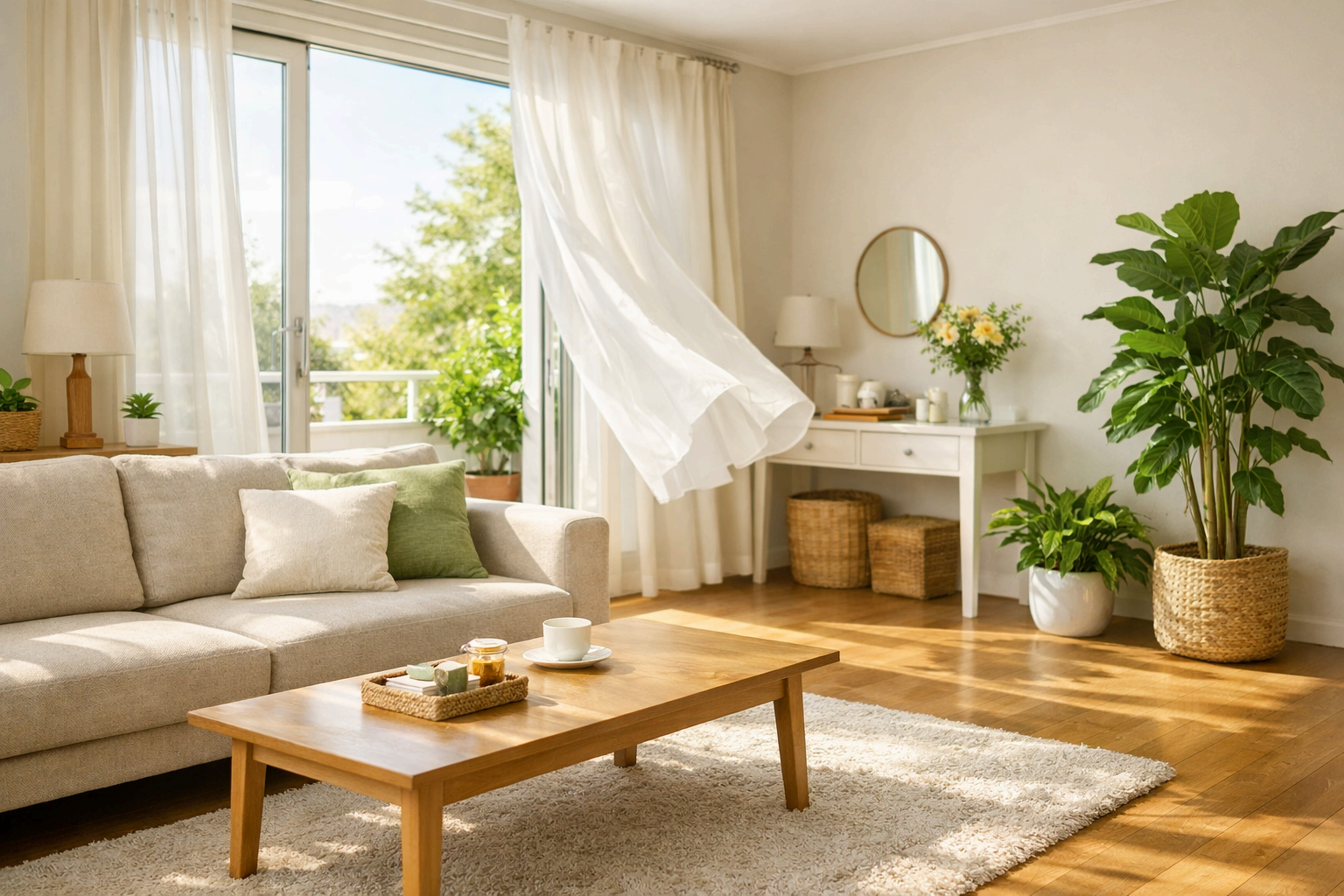 봄 대청소 후 정리된 거실 풍수 인테리어, 햇살 들어오는 깔끔한 집 내부 모습