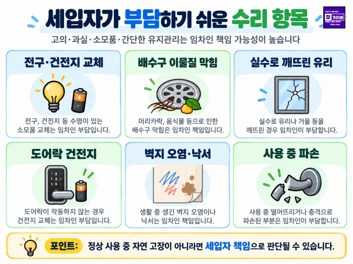 전구 건전지 배수구 막힘 유리 파손 등 세입자 부담 수리 사례