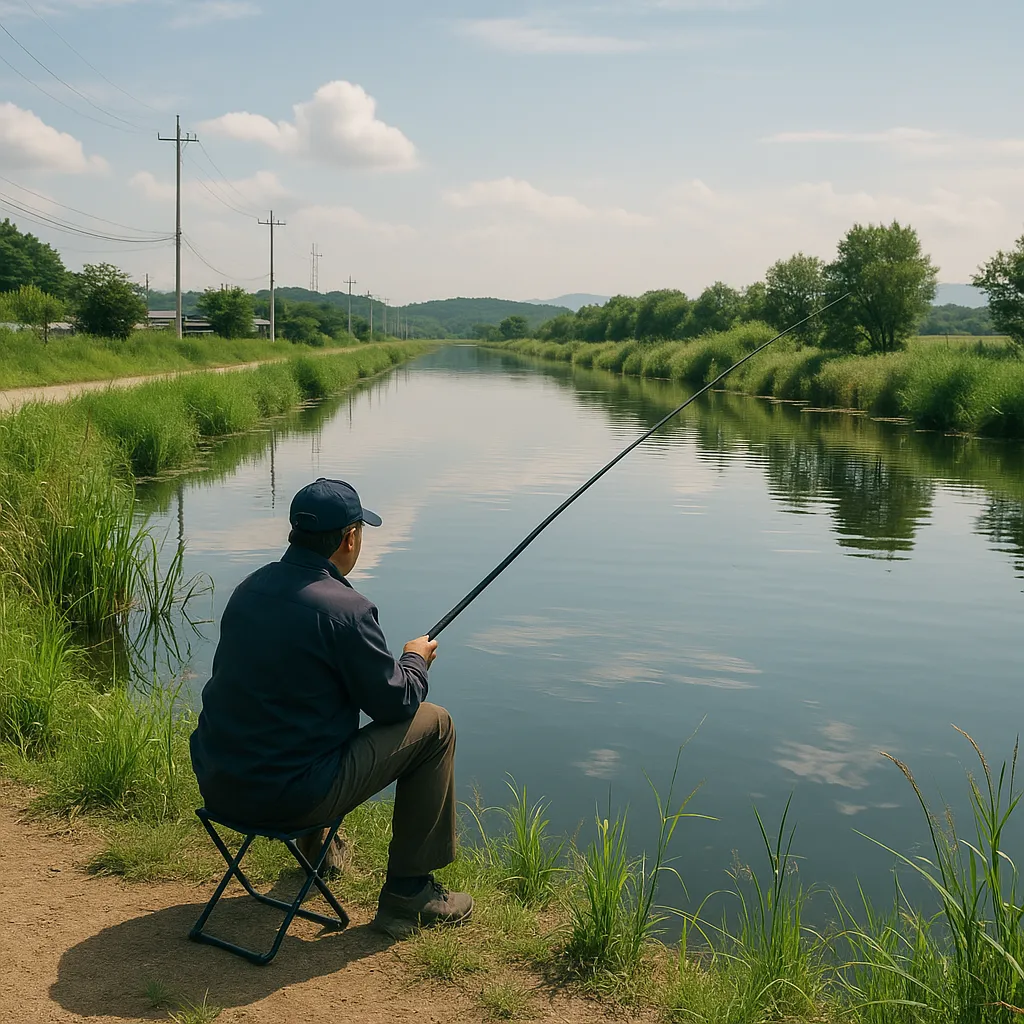강화도 장흥수로에서 낚시하는 모습과 고요한 수로 풍경