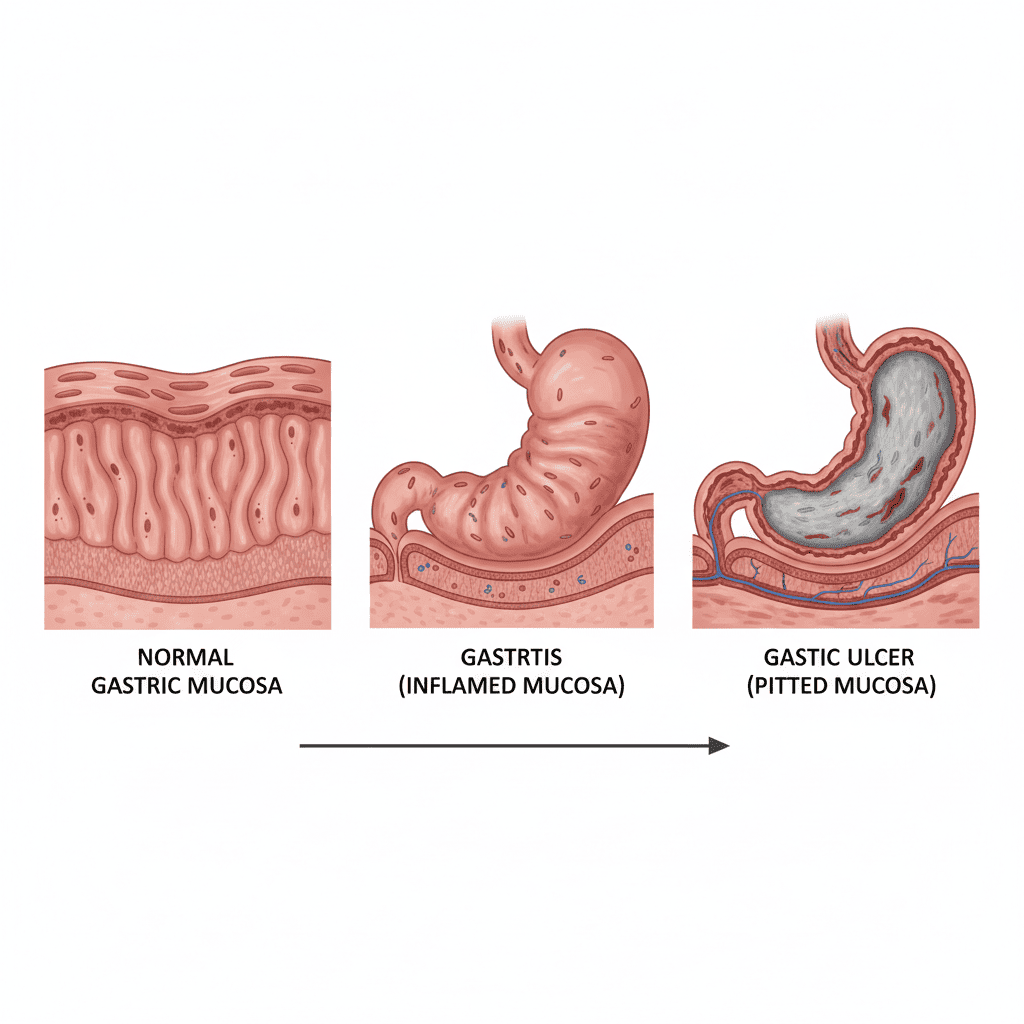정상 위 점막 vs 위염으로 붓고 손상된 점막, 위궤양이 패인 점막을 비교한 그림