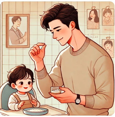 아기의 음식에 소금을 적게 넣기 위해 고민하는 아빠의 모습
