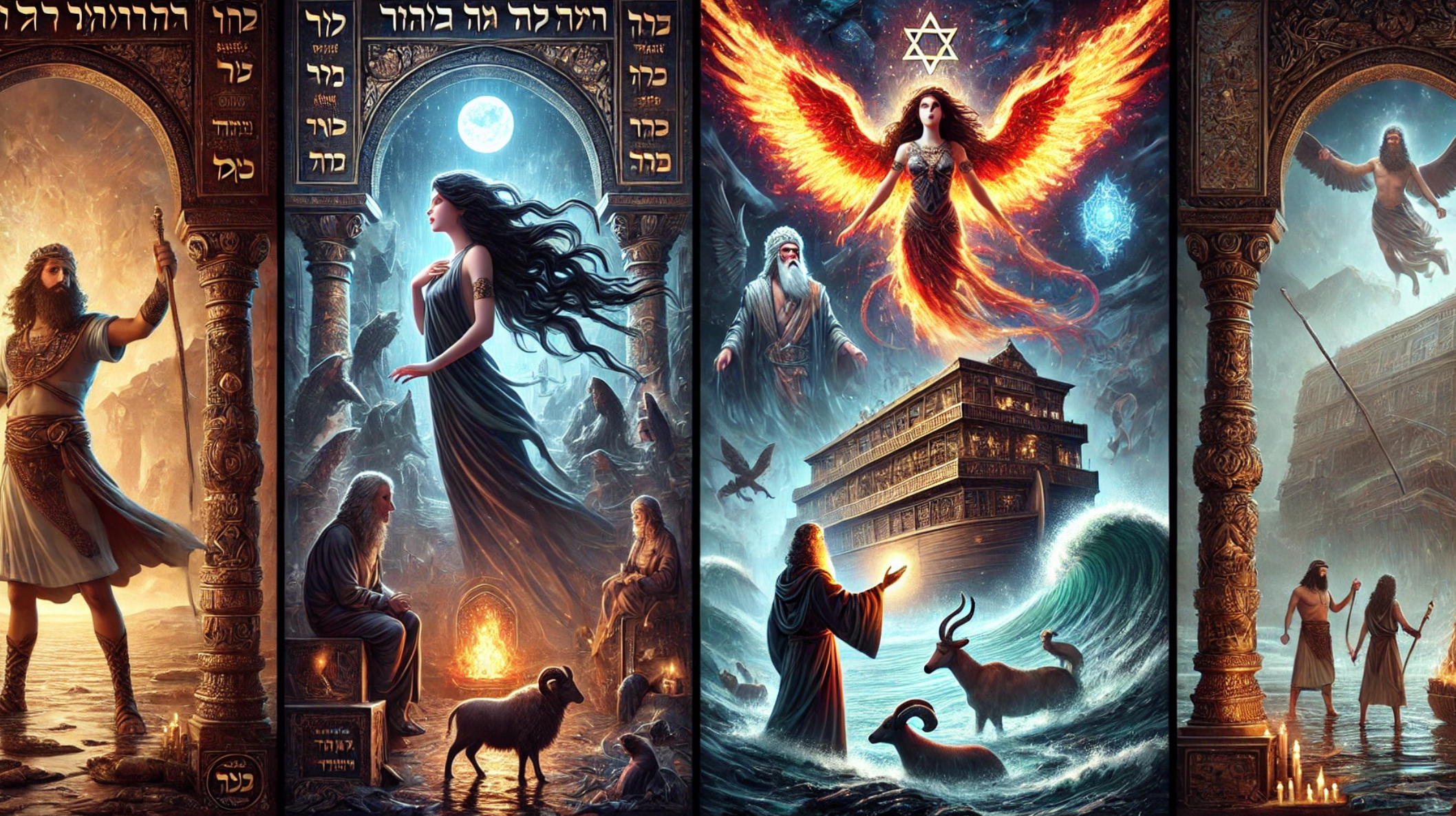 아담과 릴리스, 신성한 존재 솔로몬 왕, 물 속의 노아의 방주 이야기가 결합된 신비로운 장면의 이미지