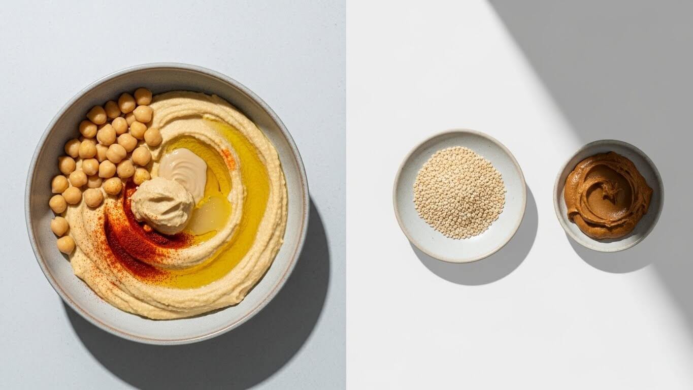 재료 구성의 차이: 후무스는 요리, 타히니는 재료