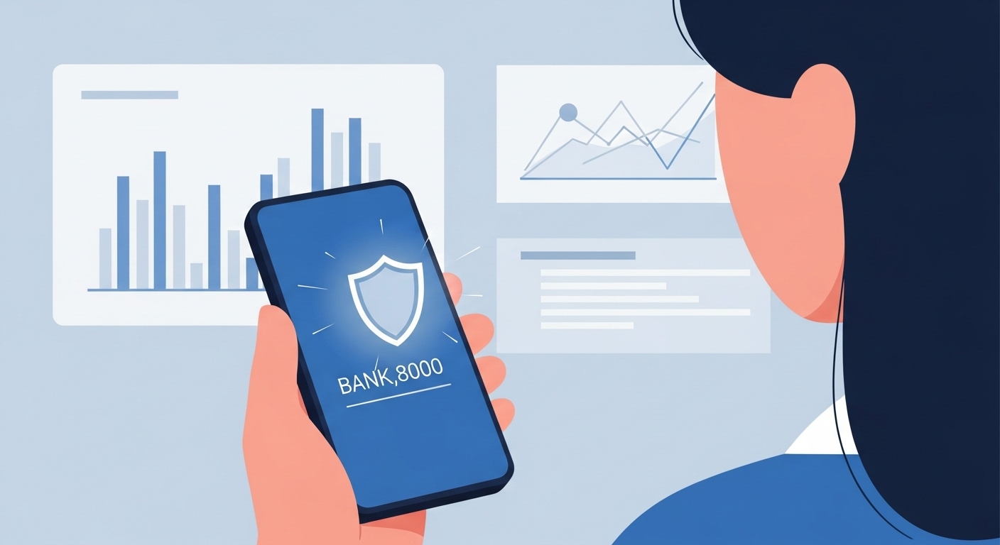 스마트폰으로 잔고를 확인하는 사람과 보호막 아이콘, 강화된 예금자 보호를 통한 금융 생활의 변화.