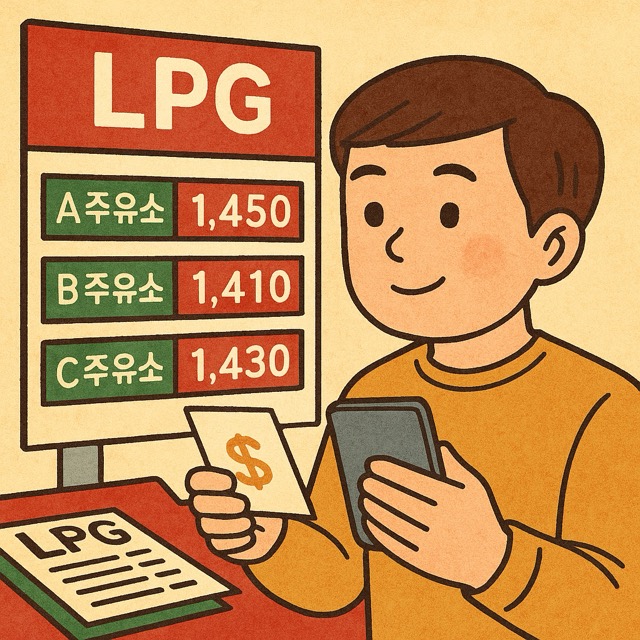 다양한 LPG 주유소 가격표를 비교하며 앱으로 확인하는 장면