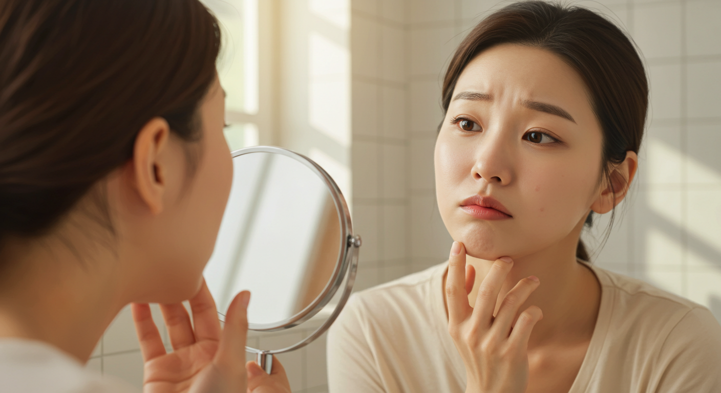 얼굴에 난 뾰루지를 보며 모낭염과 여드름의 차이점을 고민하는 여성의 모습.