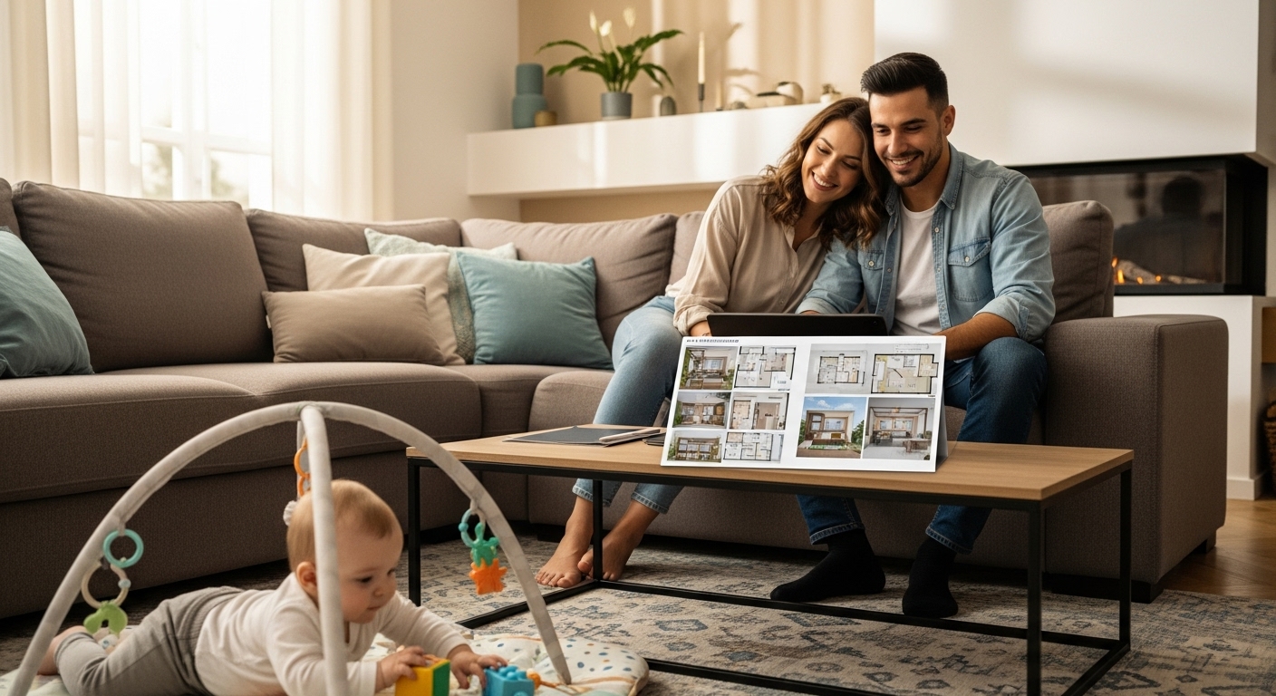아기가 노는 모습을 보며 주택 계획을 논의하는 젊은 부부의 모습. 신혼부부 및 출산 가구를 위한 주거 지원 정책의 확대를 시사합니다.