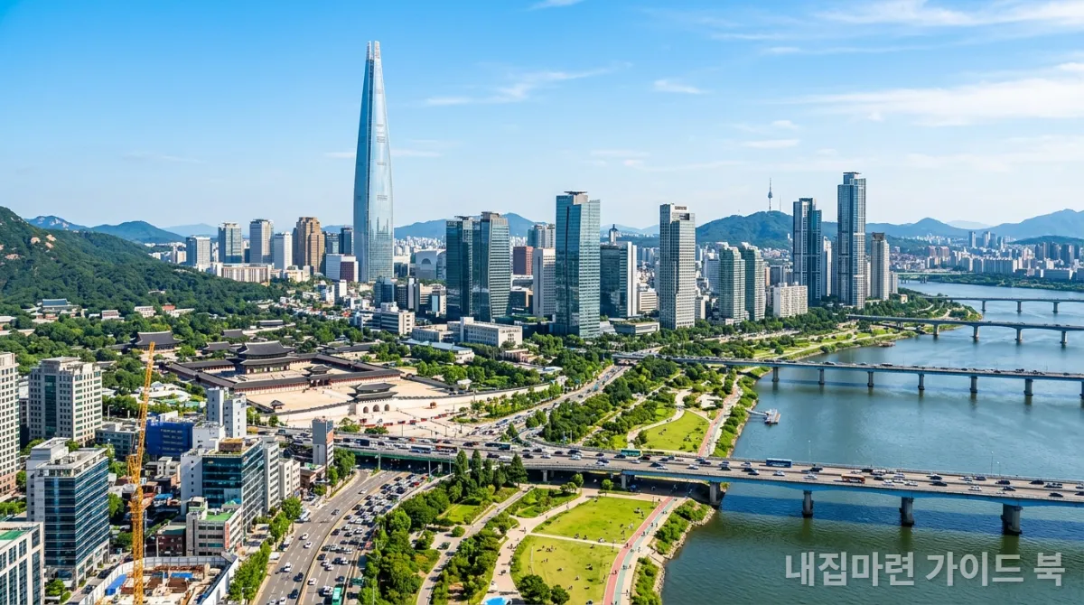 역동적인 서울 도심 스카이라인과 경제 활동을 상징하는 이미지