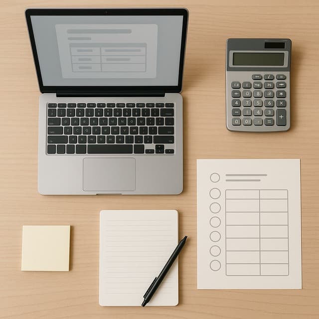 집 서재 책상 위 노트북에 전자민원 양식 화면이 텍스트 없이 흐릿한 인터페이스로 보이고 옆에 계산기 이미지