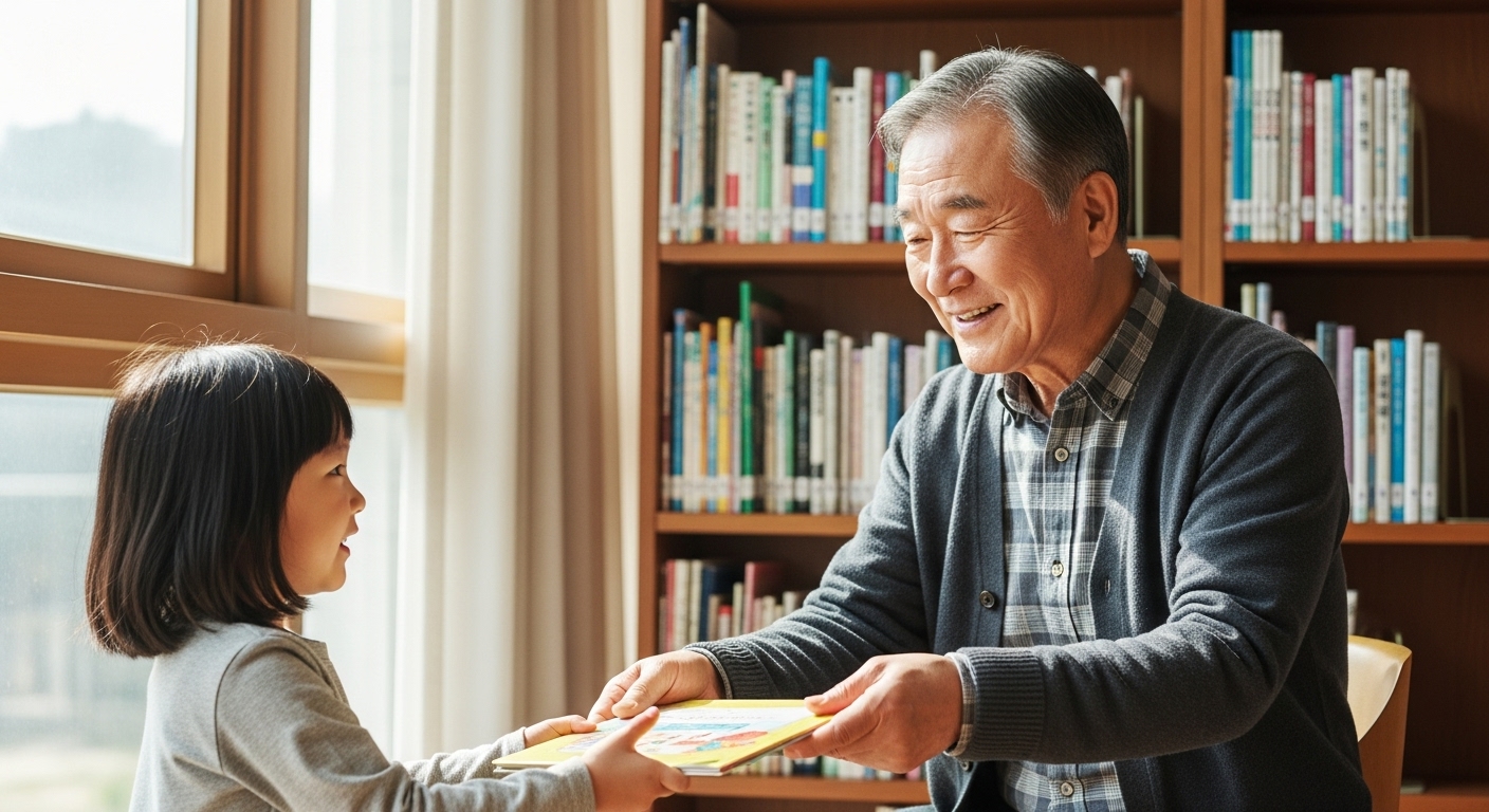 도서관에서 아이에게 책을 건네주는 시니어