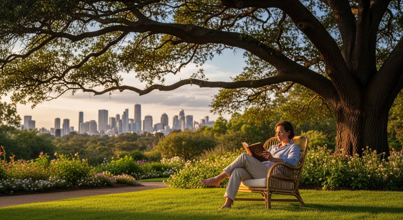 평온한 표정으로 흔들림 없는 나무 아래에서 책을 읽는 투자자, 장기 투자의 평안함을 상징하는 이미지