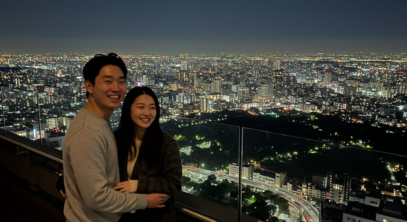 오아시스 21에서 나고야 야경을 즐기는 한국인 커플