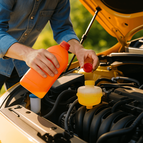 자동차 냉각수 점검 장면, 밝은 햇살 아래 보닛을 연 차량에서 냉각수를 보충하는 모습