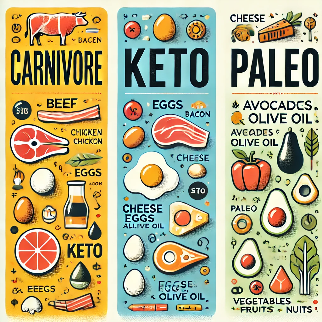 카니보어 VS 키토 VS 팔레오 를 간략하게 비교해서 표현한 이미지