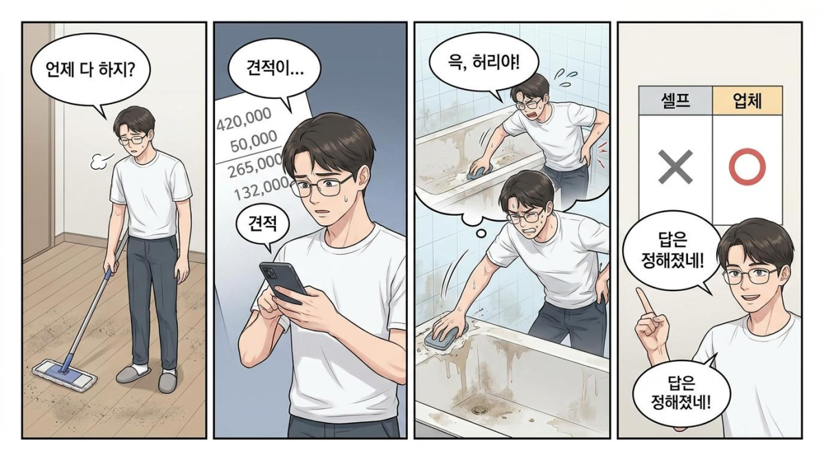 셀프 청소와 업체 이용의 기회비용을 대조하는 웹툰 4컷 만화