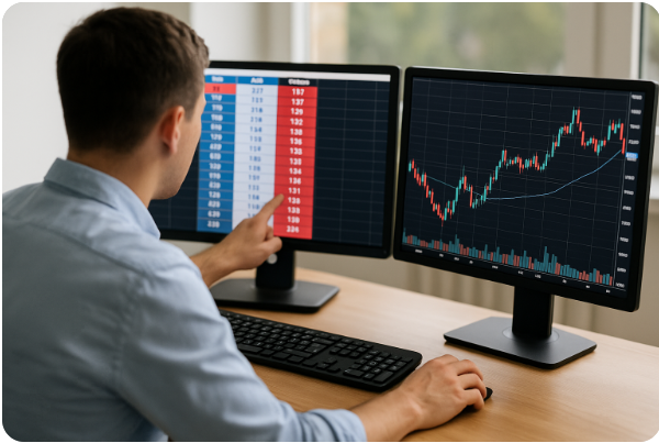 주식 호가창과 차트를 보는 남성 투자자