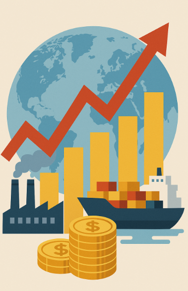 설명: 회담 이후 한국 증시와 무역이 활발해지는 모습을 표현한 그래픽.