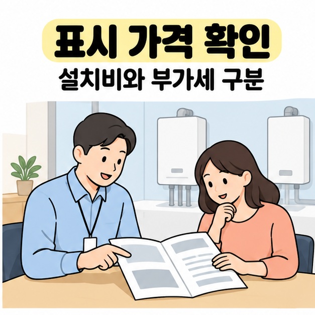 표시 가격 확인과 설치비와 부가세 구분 문구 아래 보일러 매장에서 상품 안내지를 함께 살펴보는 상담 담당자와 고객