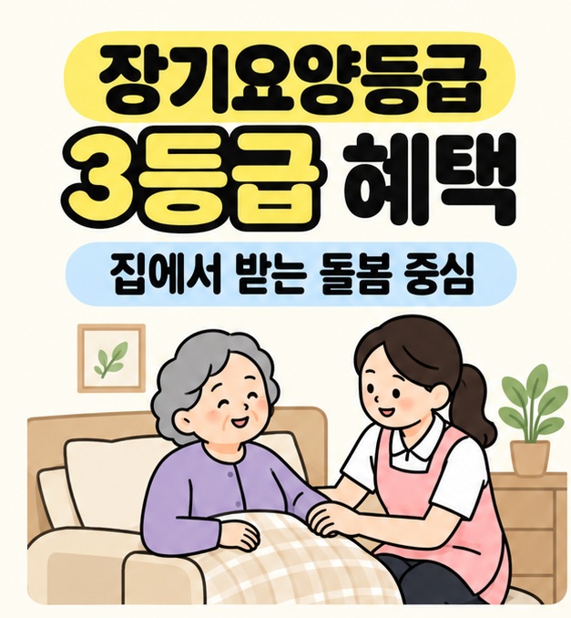 장기요양등급 3등급 혜택 제목과 집에서 받는 돌봄 중심 문구 아래 요양보호사가 집 안에서 어르신을 돕는 모습을 그린 이미지