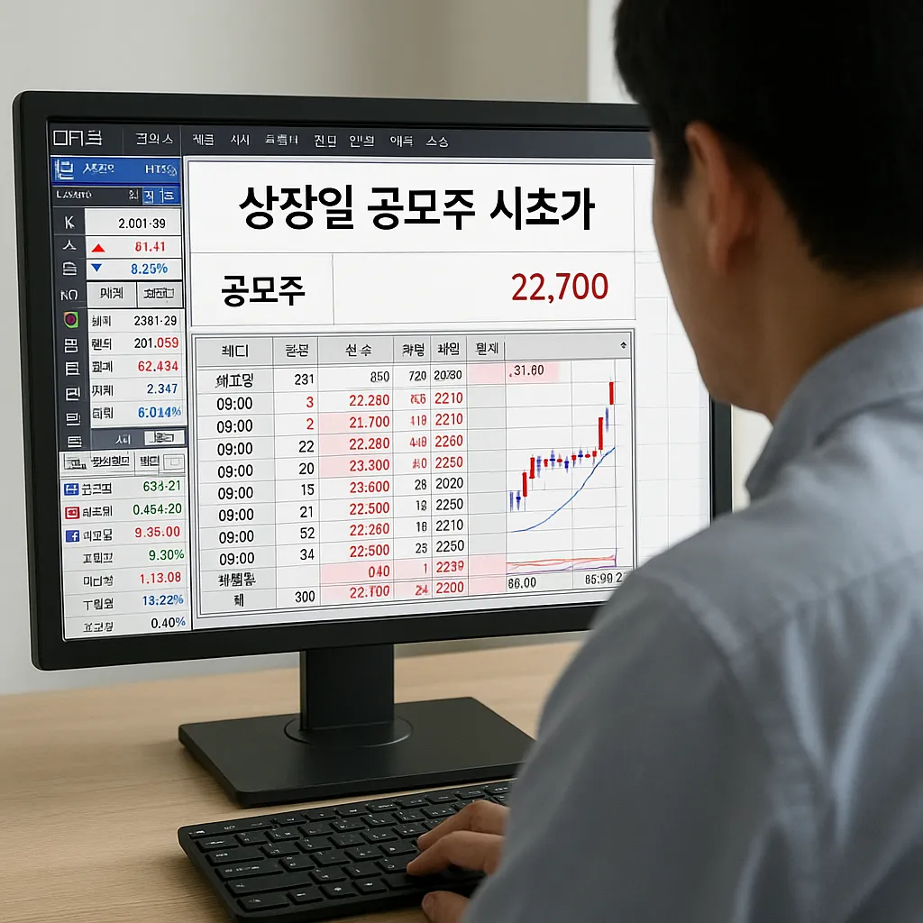 상장일 공모주 시초가를 증권사 HTS 화면에서 확인 중인 PC 사용자 모습