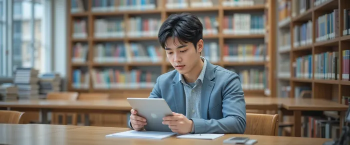 도서관 책상에서 전자도서관 앱을 사용하는 남성