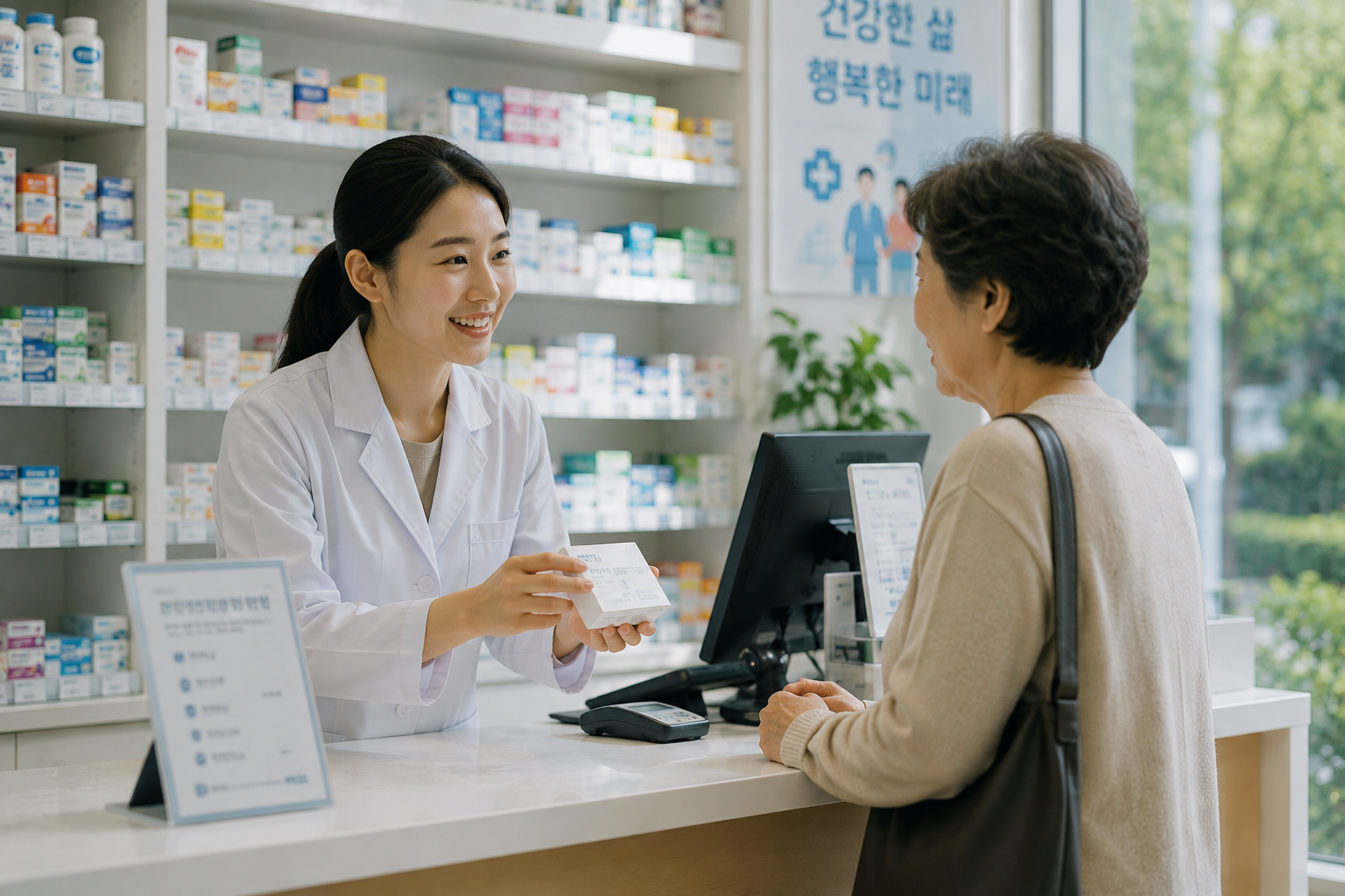 약국에서 처방약을 받는 중장년 환자의 모습
