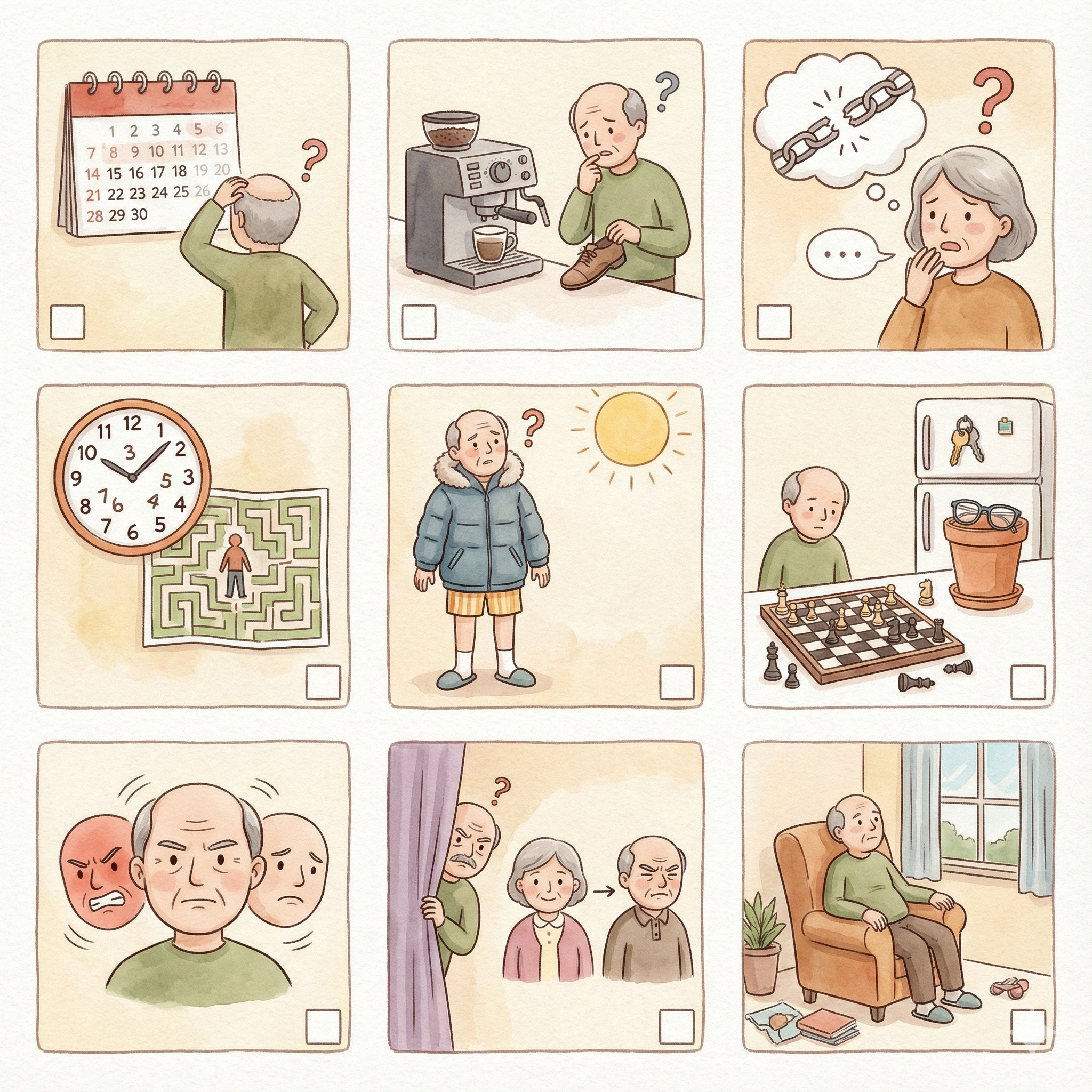 치매 초기 증상을 묘사한 9개의 그림. 혼란, 기억력 저하, 감정 변화, 시간 인지 장애 등 다양한 증상이 묘사됨.
