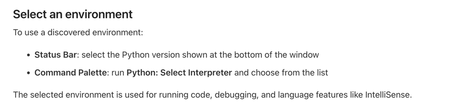 VS Code 문서, Select an environment, 상태 표시줄 또는 Python: Select Interpreter로 환경을 고른다는 설명